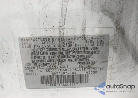 2016 Nissan Versa 1.6 S/1.6 S+/1.6 Sl/1.6 Sv из США, поврежденный, VIN 3N1CN7AP1GL831719